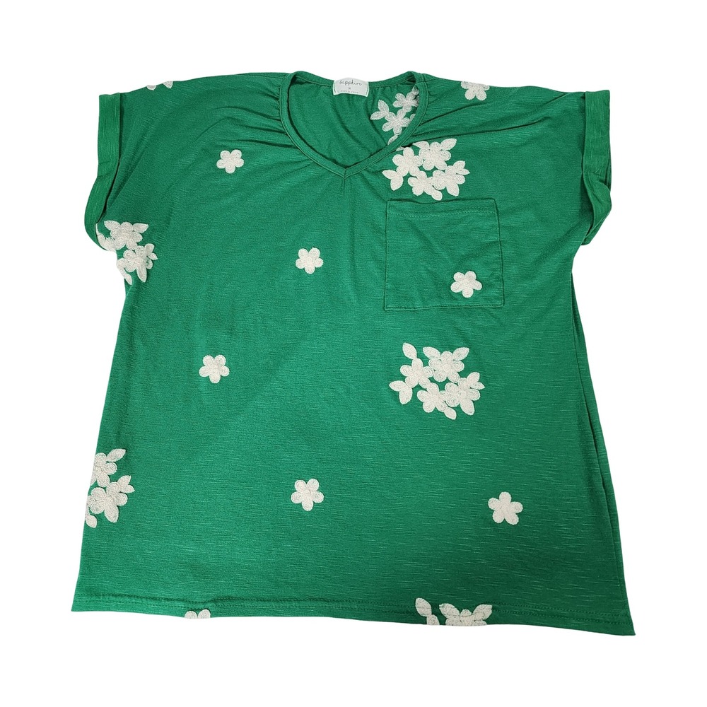 Sapphire Green Floral Crochet Applique V-Neck Pocket Top Womens Size M Slub Knit